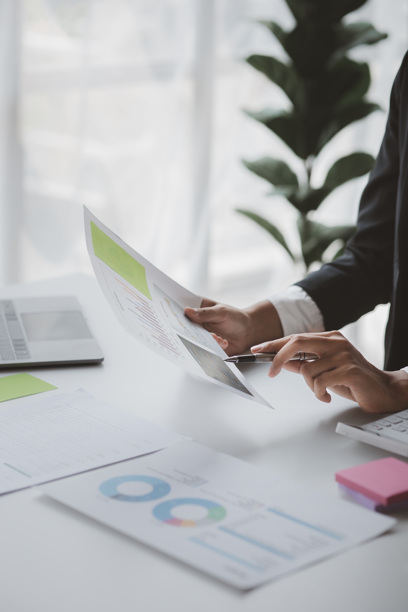 A female financier is reviewing company financial documents.